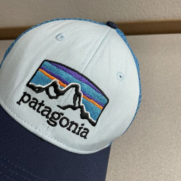 Patagonia Hat Mens Blue Cap Snapback Net Plus Embroidered Logo Mesh Trucker - Picture 2 of 8